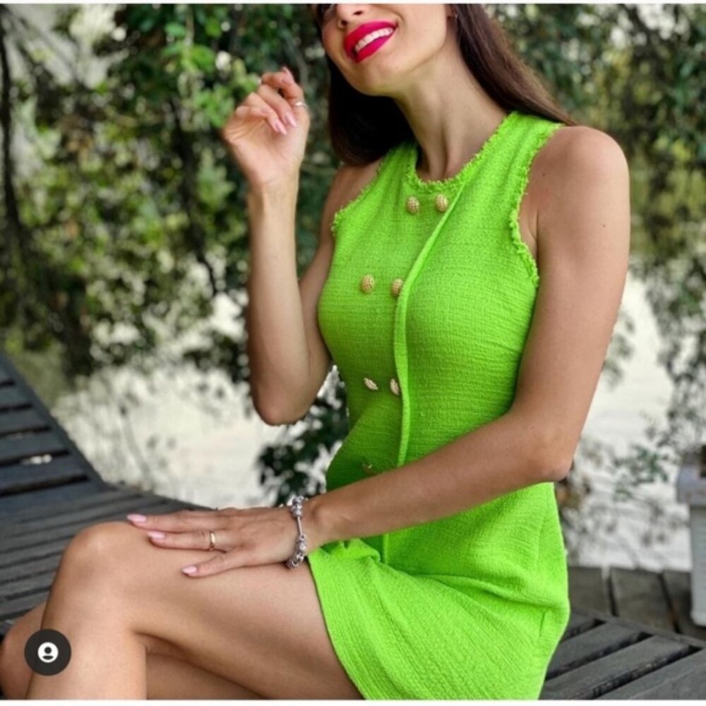 NWT ZARA Textured Weave Dress With Buttons M Green - Picture 8 of 13